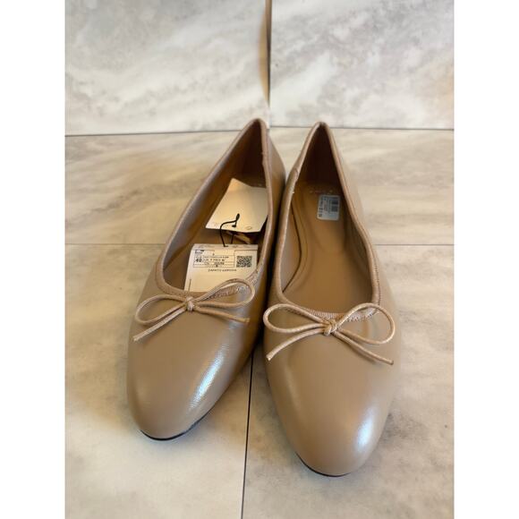 Mango MNG Women’s Goat Leather Ballet Flats Beige Size 9 Bow New - Picture 2 of 6